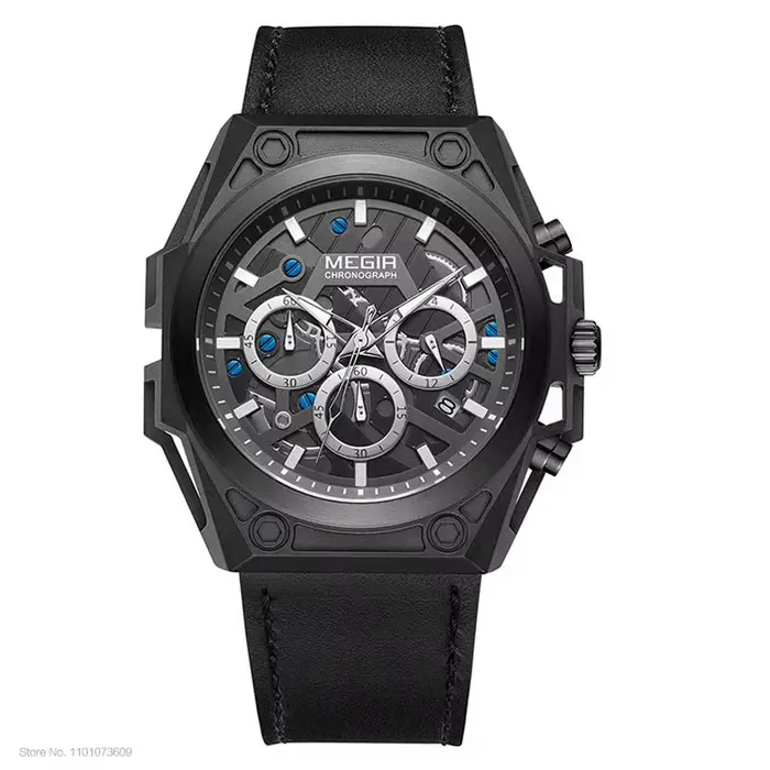 MEGIR – montre-bracelet en acier inoxydable pour hommes, bleu, étanche, chronographe, Quartz