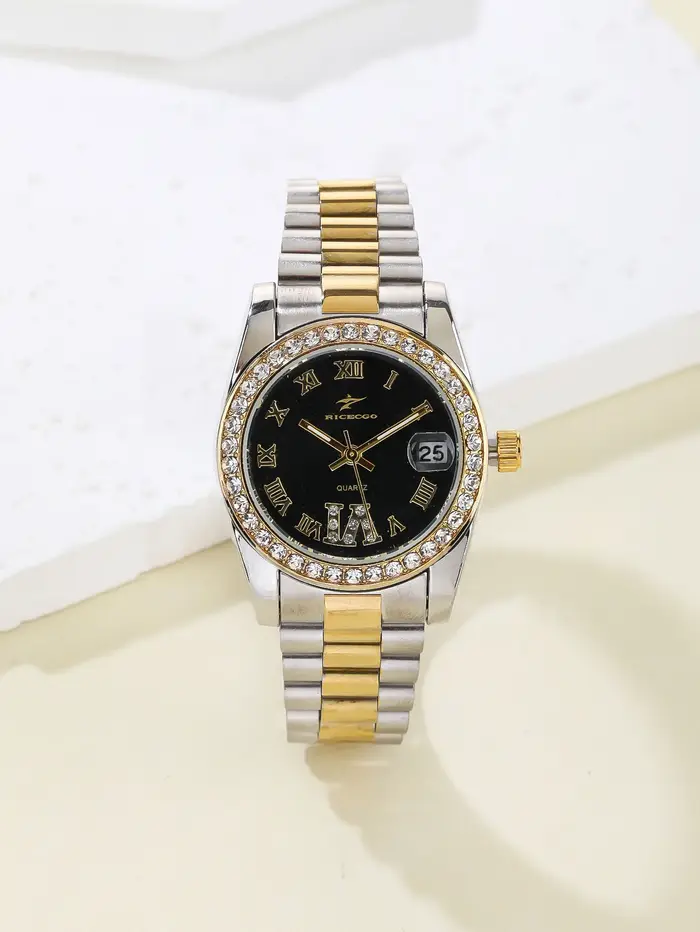 Montre à quartz de luxe pour femme bracelet en acier inoxydable bicolore lunette sertie de strass cadran à chiffres romains avec affichage de la date pour femmes occasions spéciales