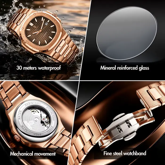 Montre mécanique automatique AIMANA Nautilus élégante pour homme avec bracelet en acier inoxydable or rose pour toutes occasions business casual