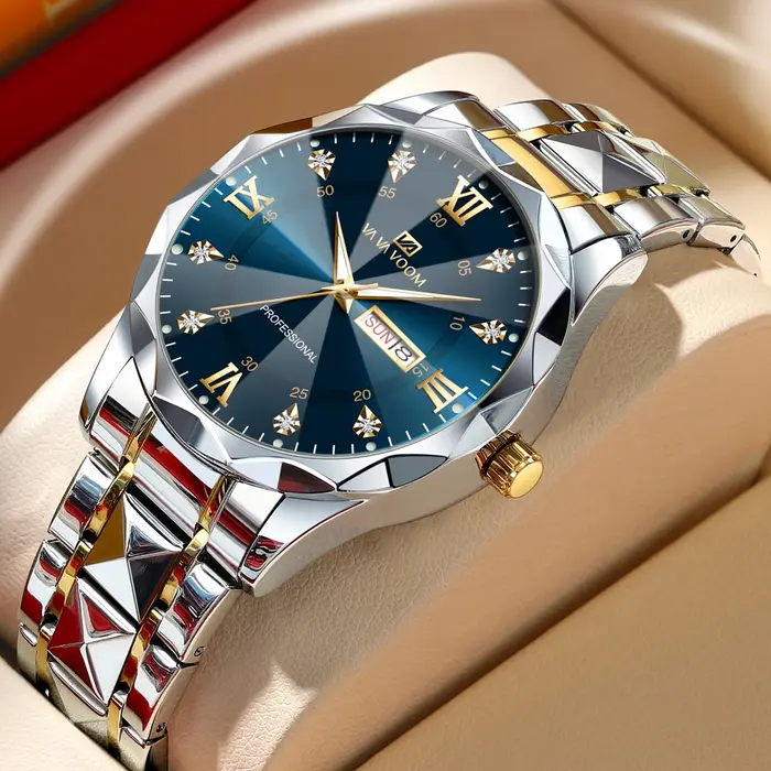Montre de luxe en acier inoxydable avec diamants pour homme style affaires résistante à l'eau et lumières nocturnes multifonctionnelle quartz or bronze café multicolore rose