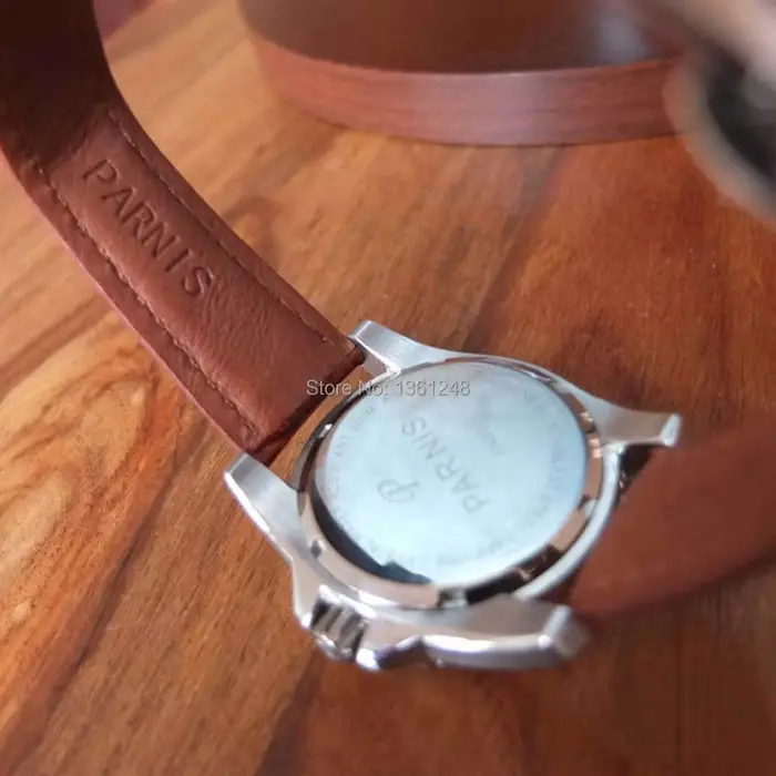 Montre Parnis en acier inoxydable 316L avec mouvement Miyota 8215 et bracelet en cuir brun pour homme occassions spéciales防水内容已根据指示移除。