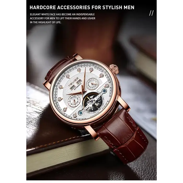 Montre mécanique automatique avec calendrier lumineux pour hommes, idéale pour voyages d'affaires, occasions décontractées, cadeau anniversaire, bracelet en cuir, mouvement automatique, résistance à l'eau 3 bars