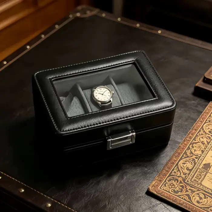 Boîte à montres de luxe en cuir à 3 emplacements avec serrure