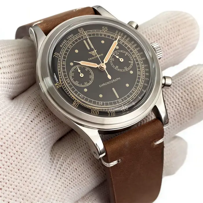 Montre pour homme Miyota OS20 Movement Tandorio Retro, 38 mm, montres de sport, chronographe, quartz, cadran noir, verre bombé