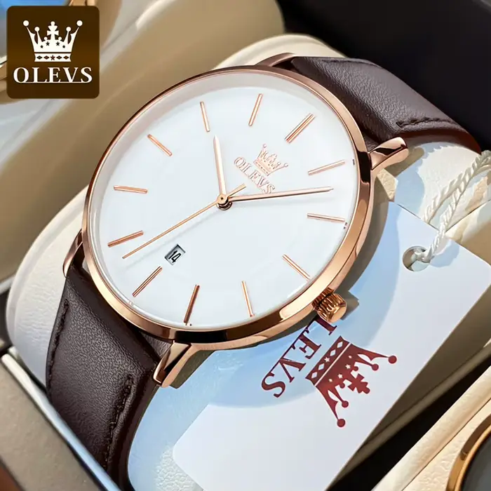 Montre homme OLEVS ultra-mince quartz avec bracelet en cuir pour occasions spéciales et tous les jours