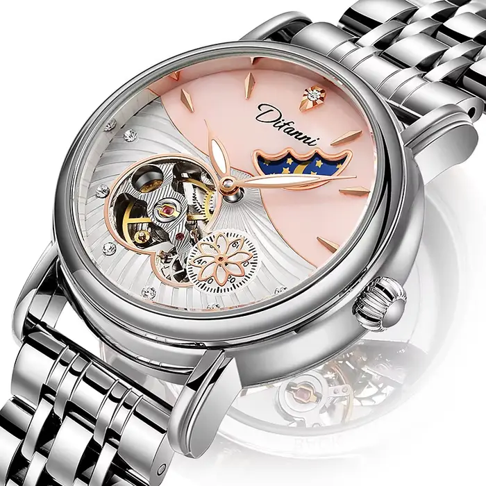 Montre mécanique automatique élégante pour femme avec phase de lune et résistance à l'eau pour occasions spéciales et collection