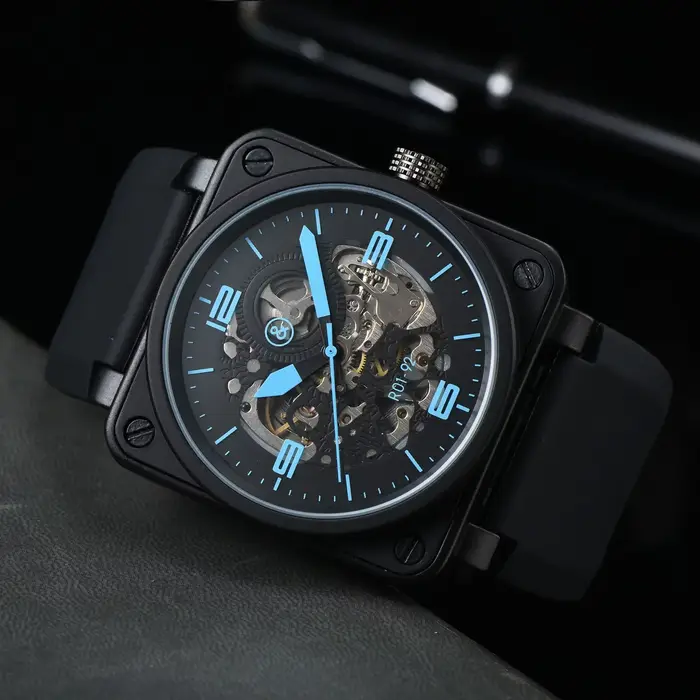 Montre mécanique automatique homme élégante avec bracelet en cuir marron et caoutchouc noir pour toutes occasions