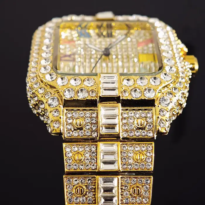 UNIGUET luxe diamant montre à Quartz pour hommes cadran arc-en-ciel calendrier Hip Hop glacé or montre-bracelet