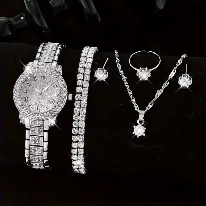 6PCS femmes montre de luxe élégant alliage montre-bracelet en cristal pour dames cadeau montre à Qua