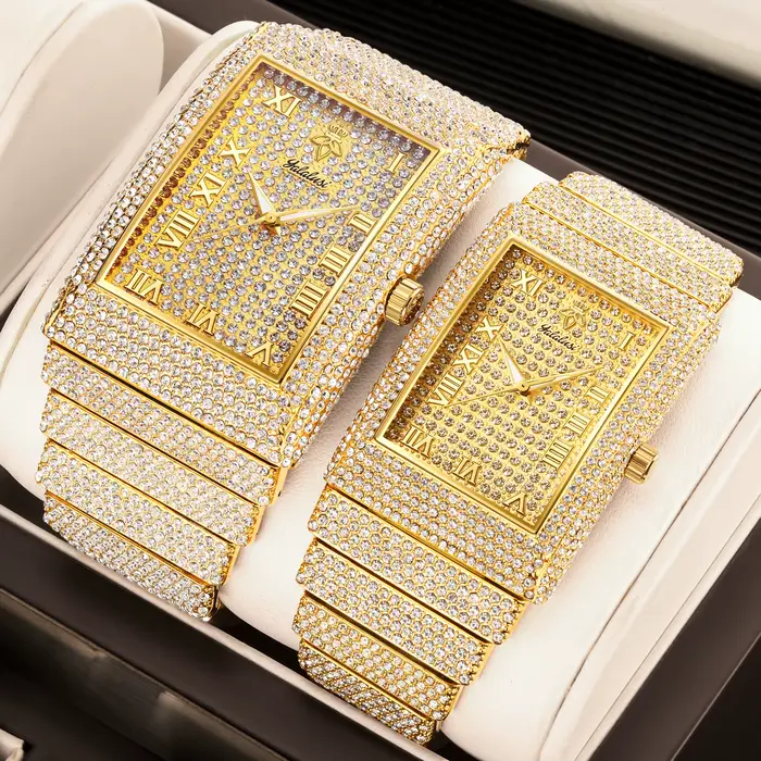 Montres-bracelets à quartz de luxe pour hommes et femmes de la marque YaLaLuSi avec sertissage de diamants complets – Cadeau pour couple Reloj Mujer