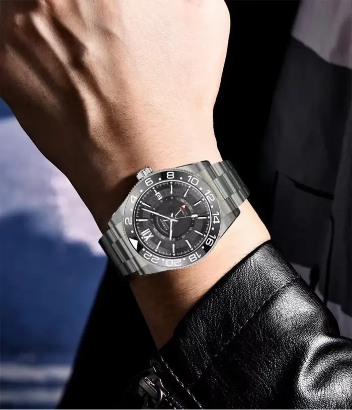 Montre homme Borman automatique GMT résistante à l'eau avec bracelet en acier inoxydable et lunette en céramique pour homme occasions spéciales