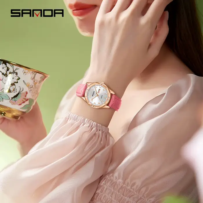 Nouvelle montre à quartz coréenne vintage en cuir à double calendrier pour femme