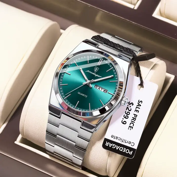 Montre en acier inoxydable POEDAGAR avec affichage de la date et de la semaine pour homme, résistante à l'eau, style décontracté et moderne