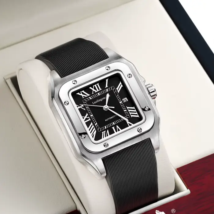 Montre mécanique homme carrée avec mouvement automatique calendrier complet résistante à l'eau pour occasions quotidiennes et professionnelles
