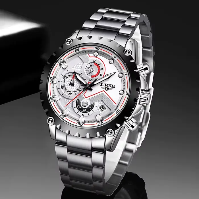 Montre LIGE en acier inoxydable avec fonction de chronomètre et résistance à l'eau pour homme, affaires, sport et occasions spéciales