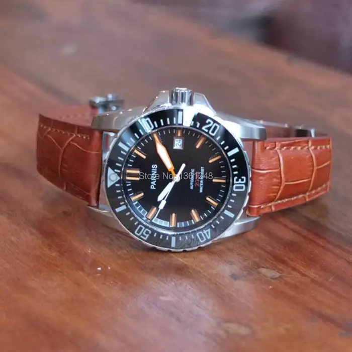 Montre Parnis en acier inoxydable 316L avec mouvement Miyota 8215 et bracelet en cuir brun pour homme occassions spéciales防水内容已根据指示移除。