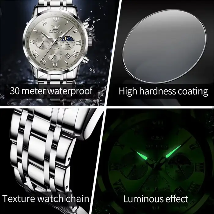 OLEVS Top marque de luxe montre pour hommes étanche lumineux en acier inoxydable Phase lunaire Code de synchronisation