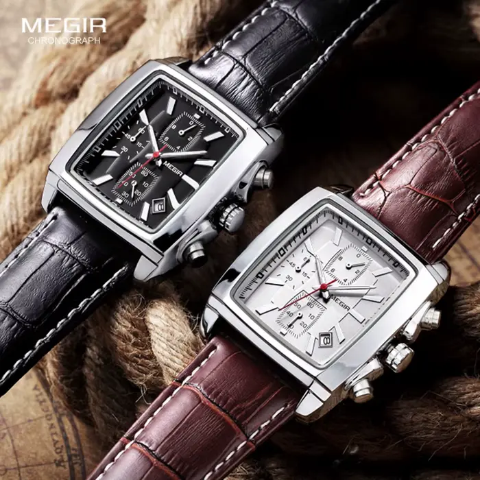 Megir cadran rectangulaire bracelet en cuir Montre pour hommes décontracté bleu chronographe montres à Quartz homme