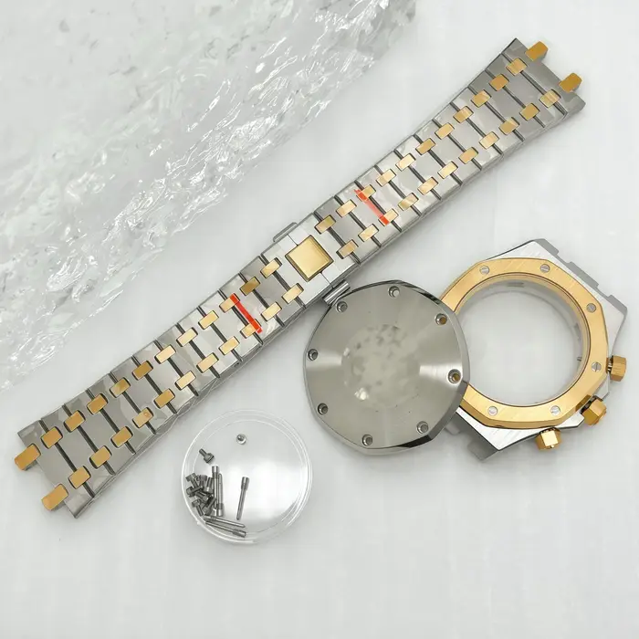 Boîtier de montre chronographe en acier inoxydable doré rose modifié 41 mm avec bracelet pour mouvement à quartz Oak