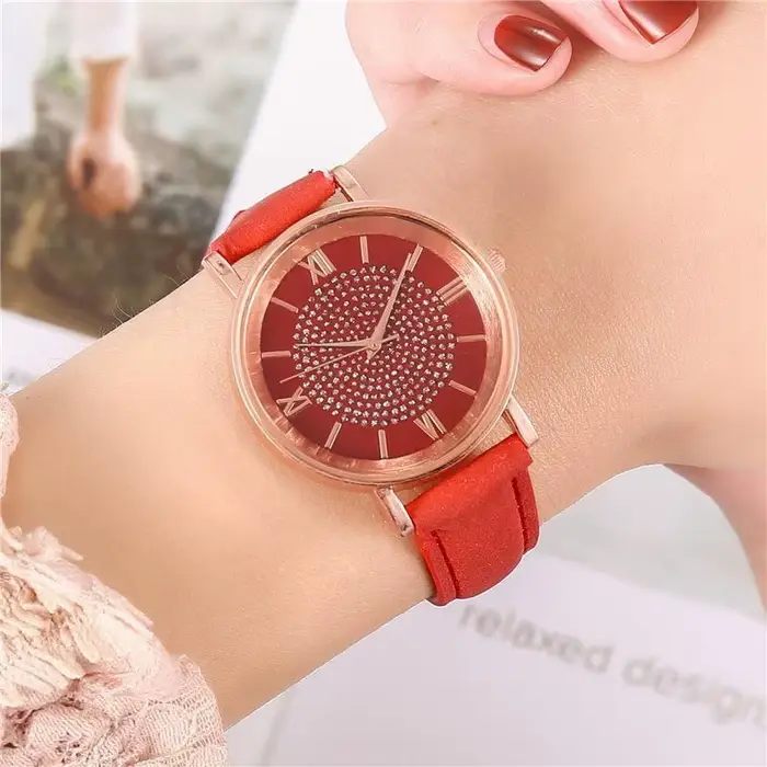 Femmes montre dames strass cadran montre-bracelet bracelet en cuir montres à Quartz cadeaux