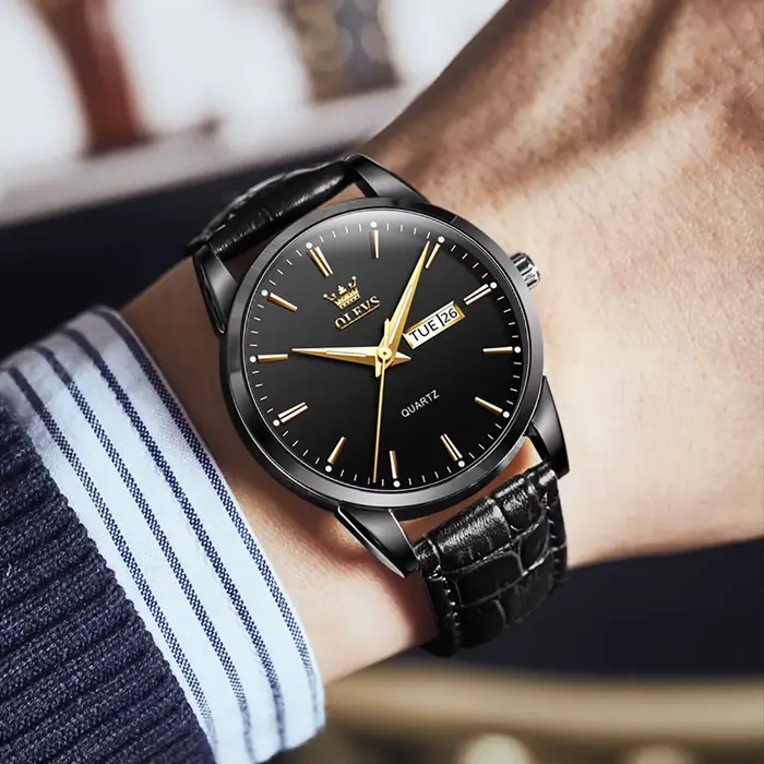 Montre homme OLEVS 6898 en acier inoxydable avec bracelet en cuir résistant à l'eau pour occasions formelles et décontractées