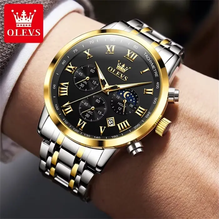 OLEVS Top marque de luxe montre pour hommes étanche lumineux en acier inoxydable Phase lunaire Code de synchronisation