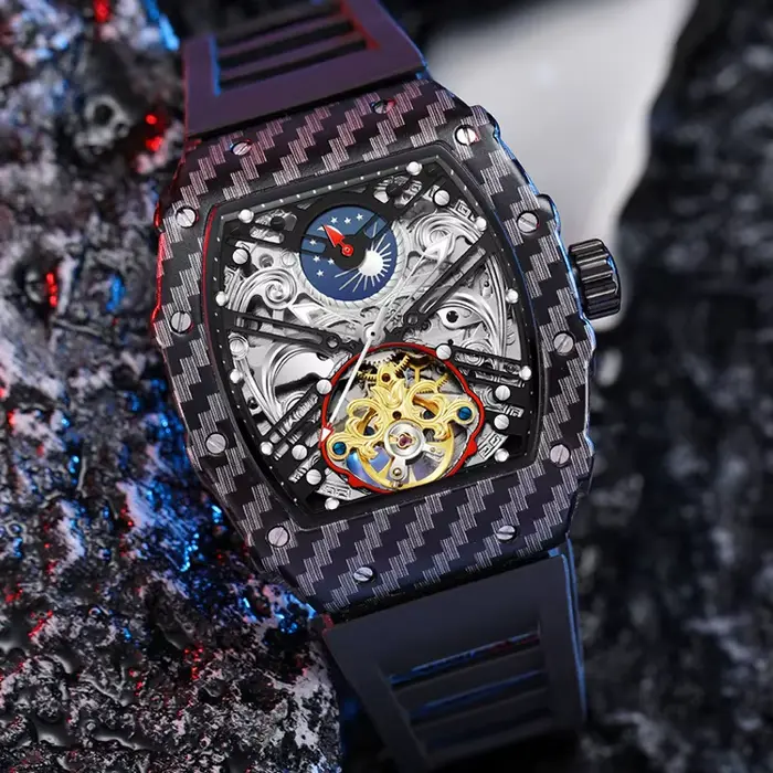 Montre mécanique dulunwe homme avec tourbillon squelette résistante à l'eau pour hommes luxe occassions spéciales quartz acier inoxydable silicone