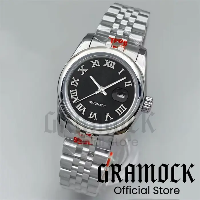 Gramock 31mm montre-bracelet mécanique NH05 pour femme cadran noir mat marque romaine argent/or rond