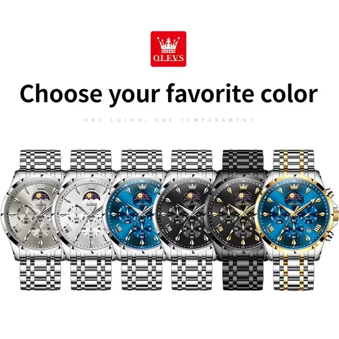Montre homme OLEVS Top Moon Phase Fashion acier inoxydable étanche classique quartz avec calendrier lumineux et phase de lune pour toutes occasions