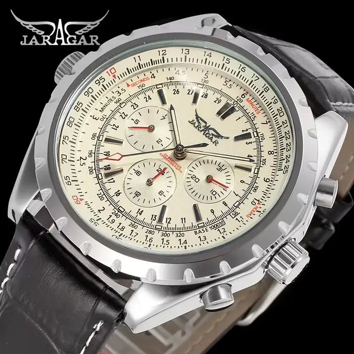 Montre Jaragar en acier inoxydable avec bracelet en cuir pour homme, résistante à l'eau, mouvement automatique, élégante pour occasions spéciales