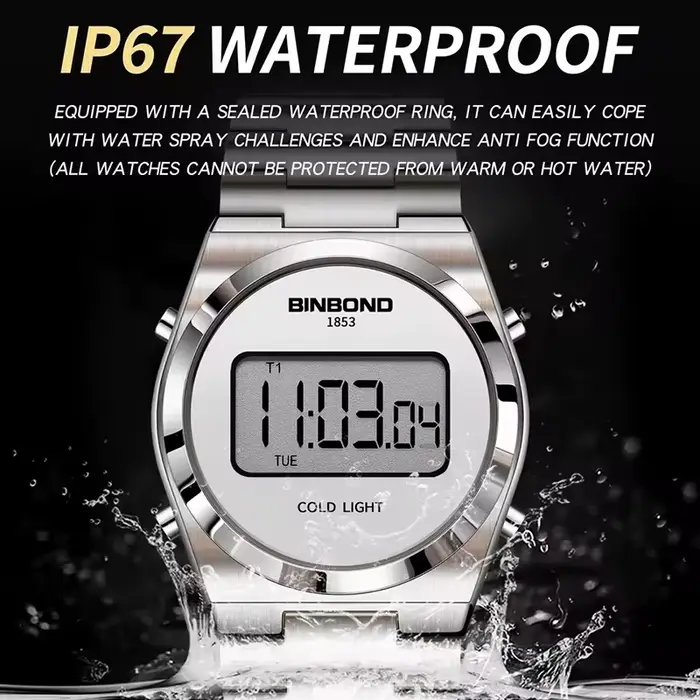 BINBOND montre de sport numérique pour hommes de luxe en acier inoxydable électronique étanche
