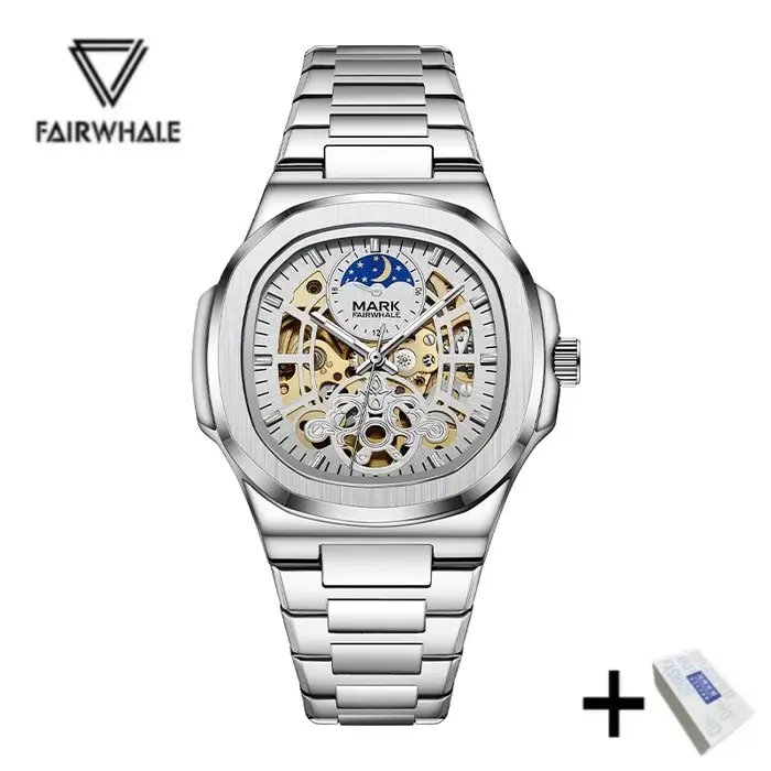 Mark Fairwhale mouvement automatique 6012 nouveau cadran de Phase de lune creuse Tourbillon en acier inoxydable étanche mécanique montre pour hommes