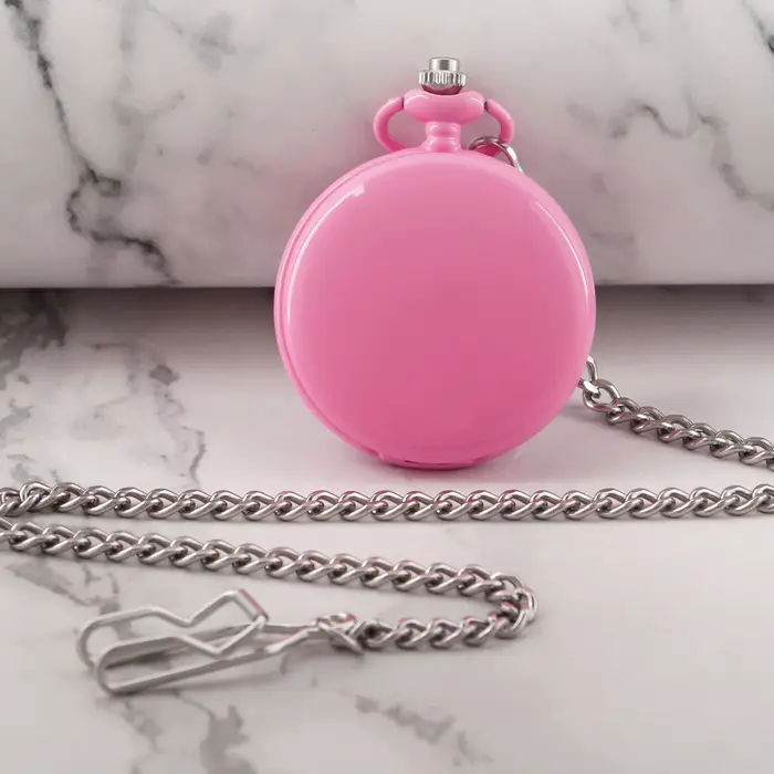 Montre de poche rose chic avec chaîne argentée