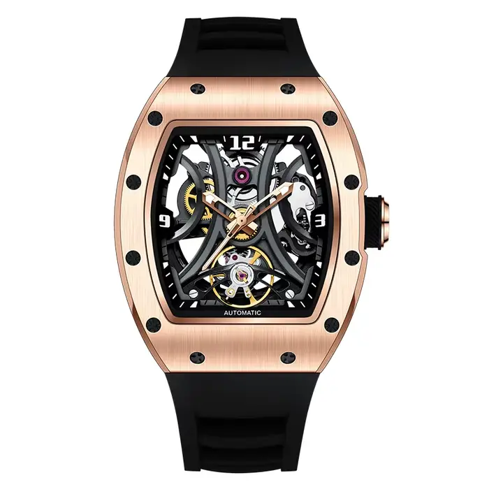 Montre Daniel Gorman cadran squelette automatique homme acier inoxydable bracelet fibre de carbone étanche pour sportifs et gentlemen
