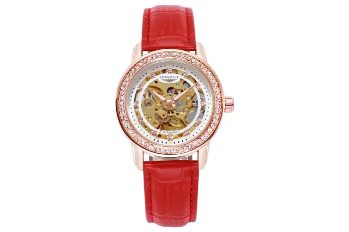 Montre automatique en cuir pour femmes, élégante, squelette en diamant, mode, mignonne, mécanique, d