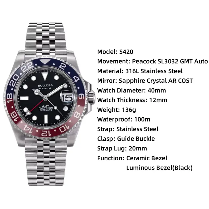 Sugess GMT – montre de plongée pour hommes