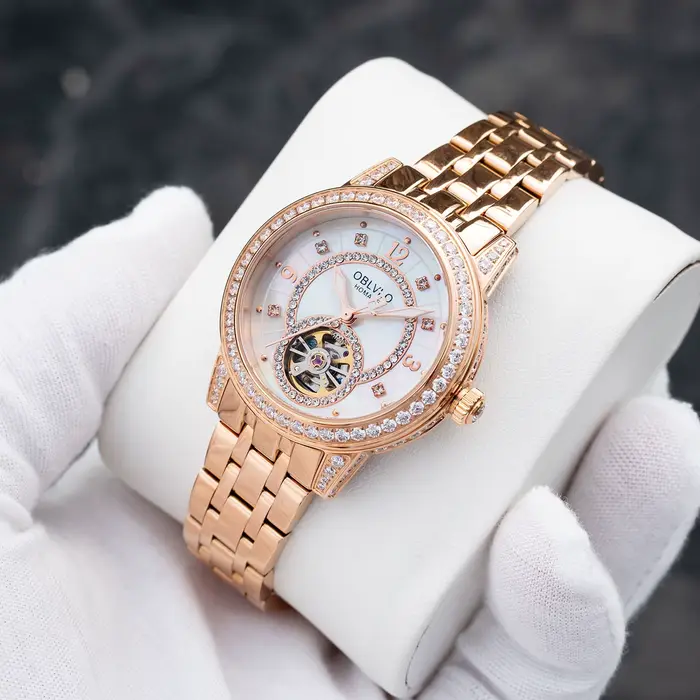 Montre automatique OBLVLO avec tourbillon et affichage lumineux pour femmes occasions spéciales et style élégant