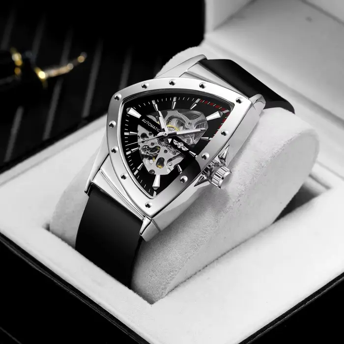 Montre T-WINNER Triangle en acier inoxydable avec mouvement automatique et bracelet en caoutchouc résistant à l'eau pour homme occasions spéciales et sportives