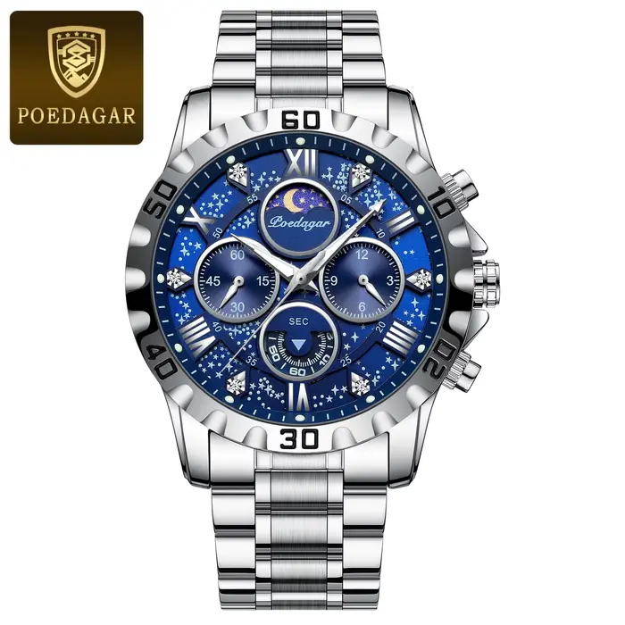 POEDAGAR-Montre de sport à quartz de luxe pour homme, étanche, Shoous, acier inoxydable, chronograph