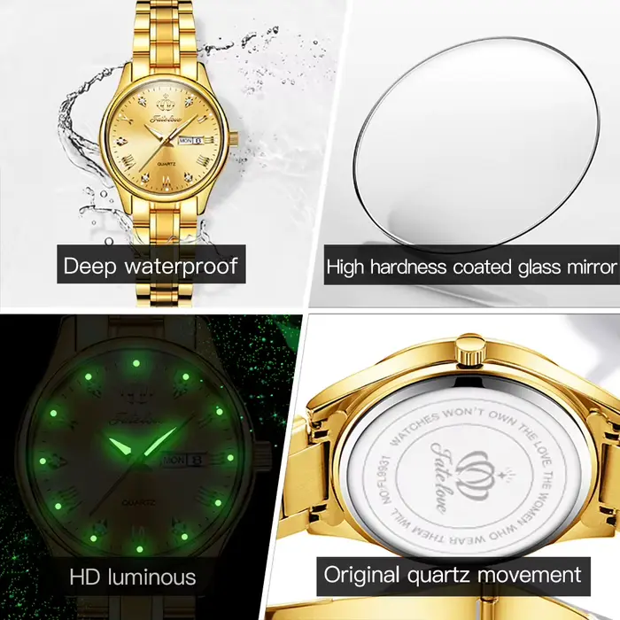 Montre-bracelet à quartz pour femme avec affichage de la date et de la semaine résistante à l'eau pour diverses occasions comme les voyages et les événements spéciaux