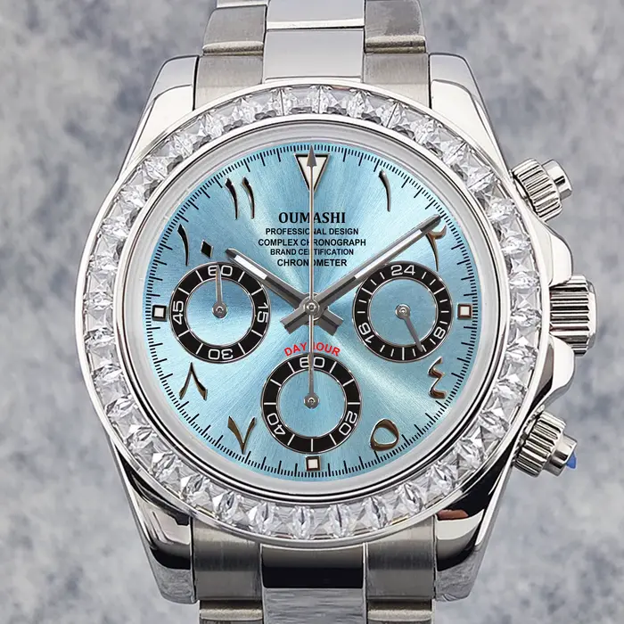 OUMASHI 42mm argent diamant lunette Index arabe montre chronographe pour hommes VK63 mouvement à Qua