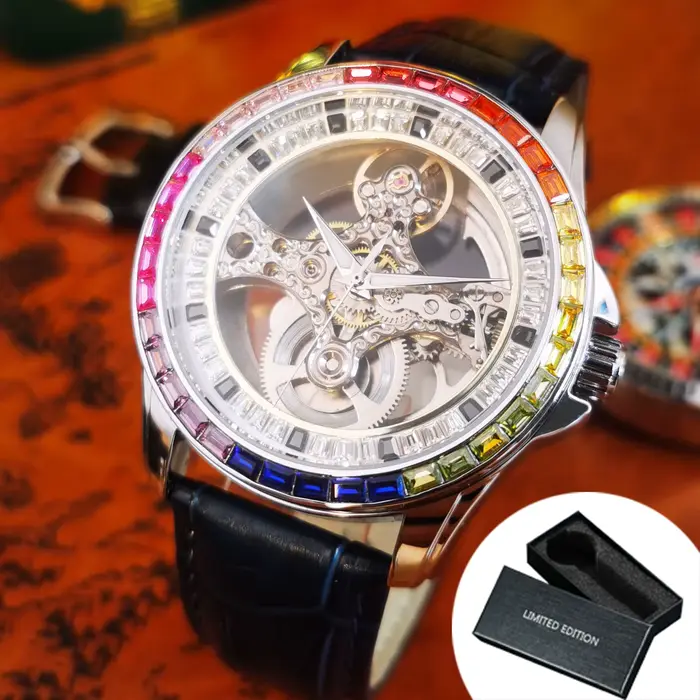 Montre automatique squelette de luxe AOKULASIC pour homme, bracelet en cuir noir tendance, aiguilles