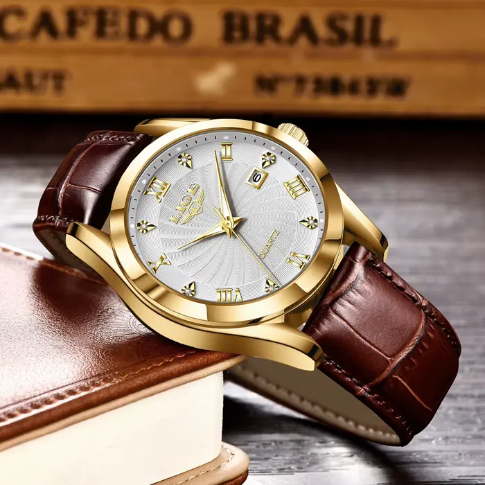 LIGE nouvelle montre à Quartz en or pour femmes mode cuir marron étanche