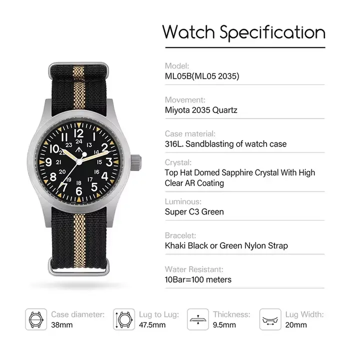 Militado ML05 38mm montre militaire mis5 2035 mouvement bombé saphir cristal C3 vert lumineux 10Bar étanche montres Vintage