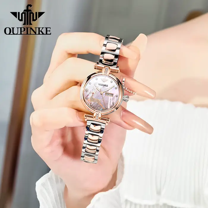 OUPINKE 3180 montre-bracelet mécanique pour femme élégant luxe bracelet en acier or Rose double calendrier montres entièrement automatiques pour dames