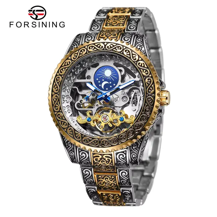 Forsining-Montre mécanique de luxe pour homme, montres mécaniques, phase de lune, rétro gravé, tourb