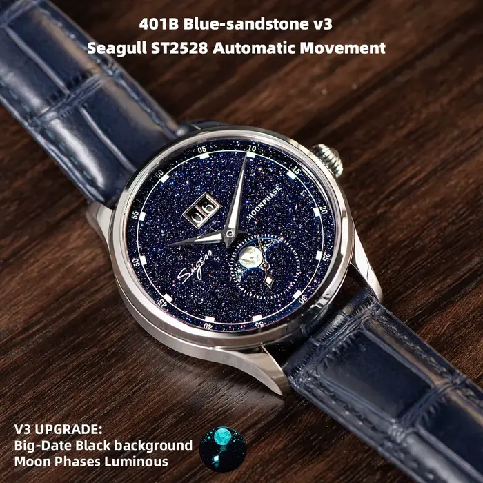 Sugess origine ST2528 mouvement montre-bracelet mécanique hommes montre de luxe véritable cadran en pierre bleue boîtier en acier inoxydable horloge phase de lune