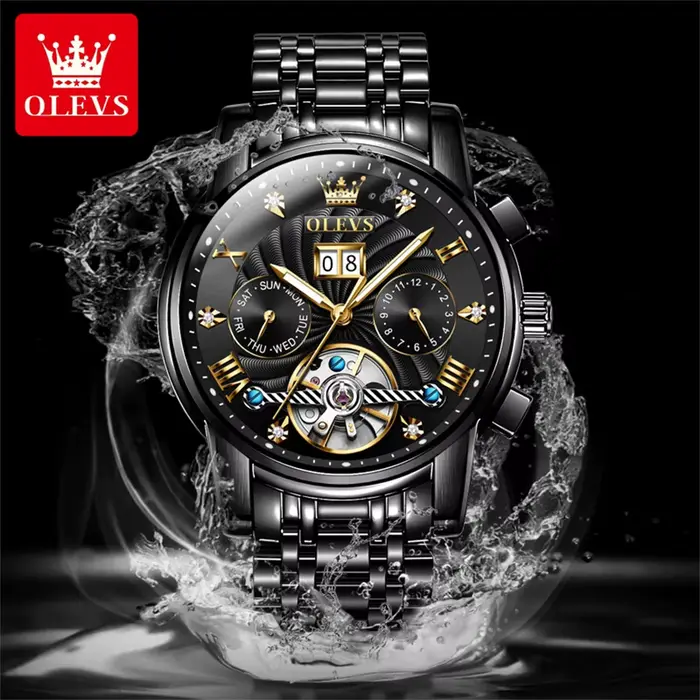 Montre homme OLEVS 9910 tourbillon lumineuse automatique mécanique élégante pour hommes mode et décontracté avec calendrier complet et affichage de la semaine occasions spéciales