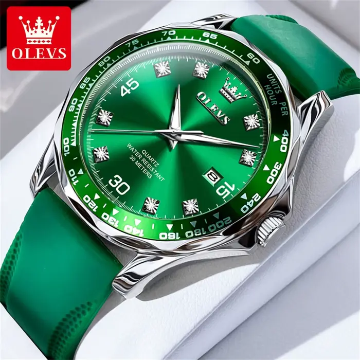 OLEVS-Montre à Quartz pour Homme, Acier Inoxydable, Bracelet Caoutchouc, Étanche, localité, Vert, Ma