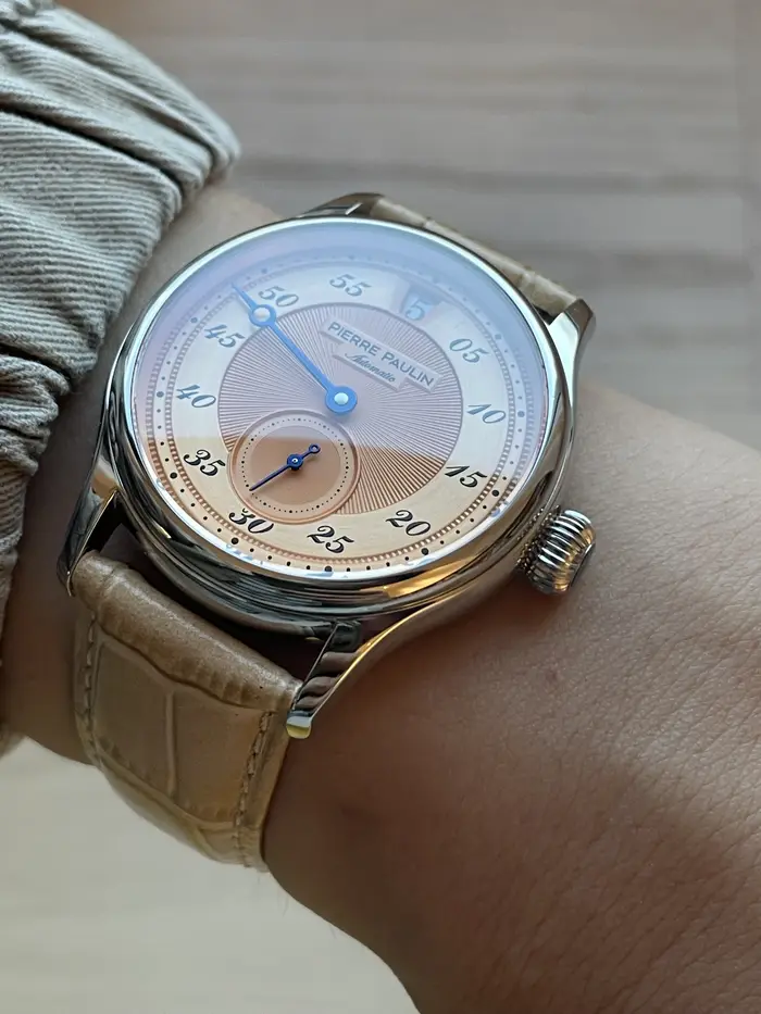 42mm PIERRE PAULIN sauter heure montre hommes saumon cadran saphir